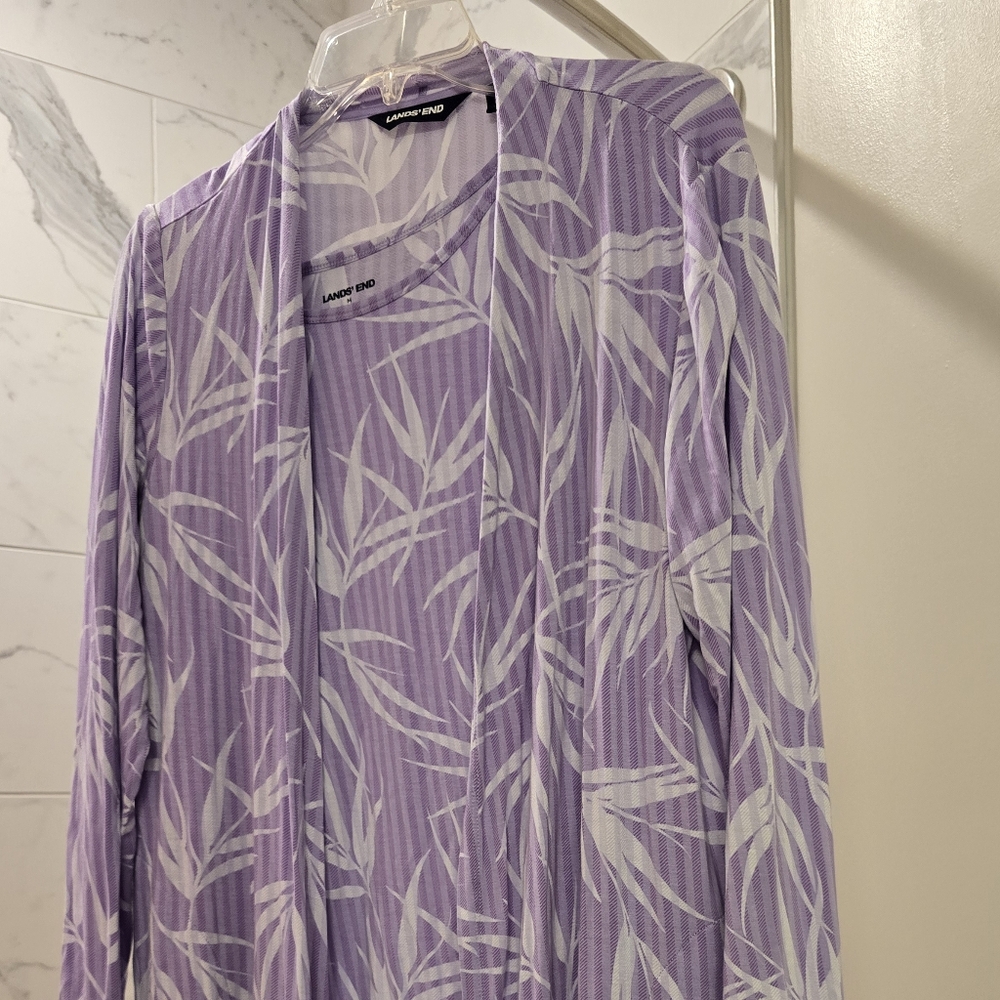 Lands End Purple Palm Print Cardigan and Tee